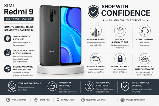 Carbon grey dual-SIM smartphone on stand, rear camera module and service icons