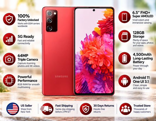 Samsung Galaxy S20 FE Cloud red smartphone with front AMOLED-style display and triple rear camera modules