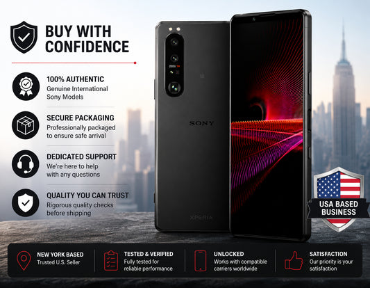 Frosted black Sony Xperia 1 III smartphone with assurance icons and badges