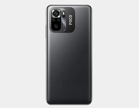 Grey smartphone rear view with vertical camera cluster and POCO branding