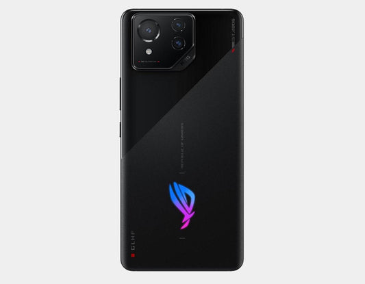 ROG Phone 8 smartphone back view in dark Phantom Black with triple camera module.