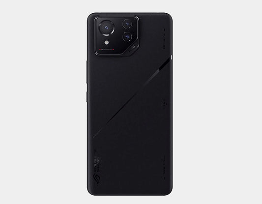Black gaming smartphone back, triple camera module with diagonal accent lines