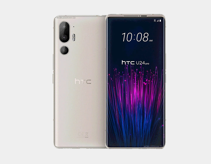 White HTC U24 Pro 5G smartphone with back and front side-by-side