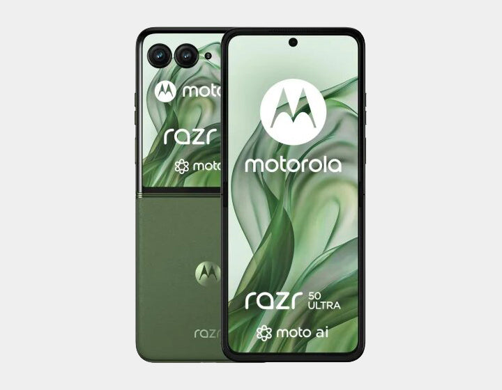 Green Motorola Razr 50 Ultra foldable smartphone front and rear views