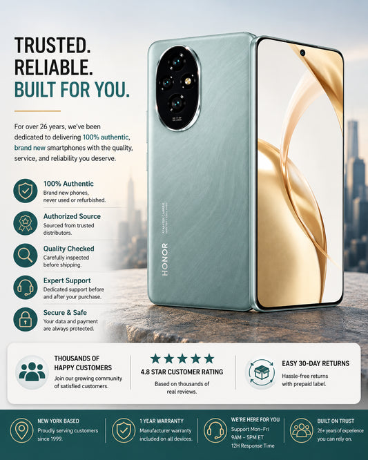 Green Honor smartphone with triple rear cameras and front display standing on rocks