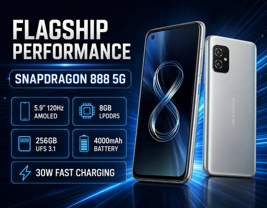 Asus Zenfone 8 Silver smartphone front and back, dual rear cameras and compact profile
