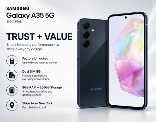 Navy Samsung Galaxy A35 5G smartphone showing front screen and rear camera module