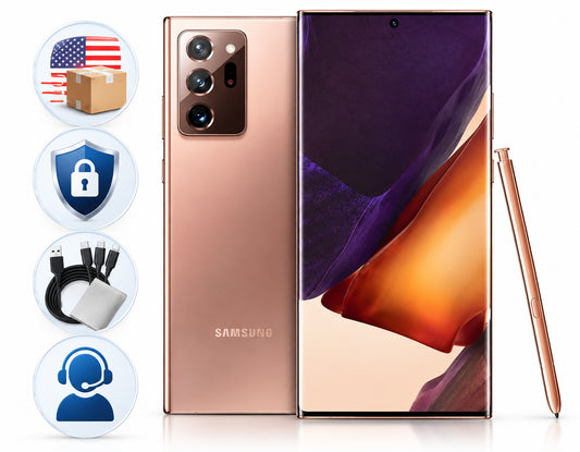 Samsung Galaxy Note20 Ultra smartphone in Mystic Bronze with stylus, front and back view