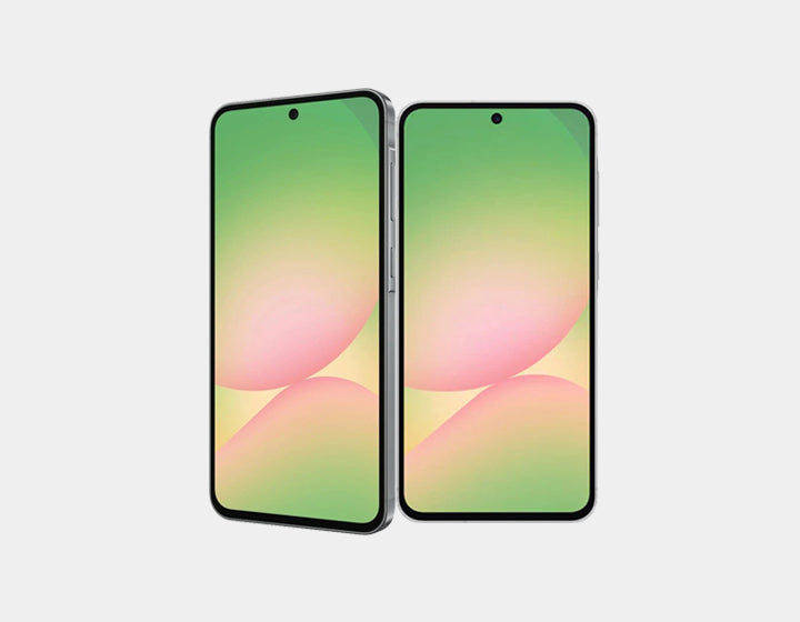 Graphite Samsung Galaxy A56 5G dual front phones with displays on
