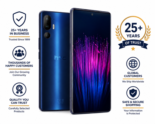 HTC U24 Pro 5G Blue smartphone front and back with smooth glass back and metal frame