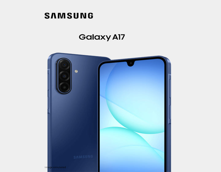 Samsung Galaxy A17 smartphone front and back, showing camera module and screen