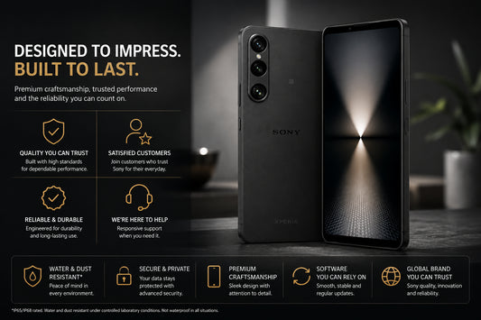 Black Sony Xperia 10 VI 5G phone with front and back, promo overlay