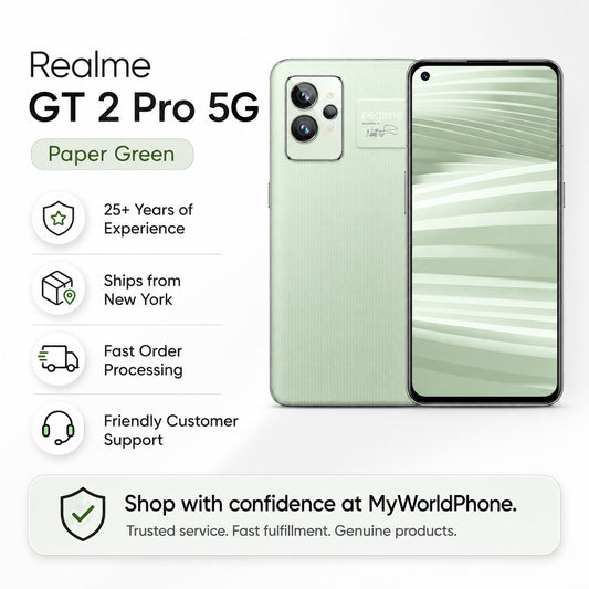 Realme GT Master Edition 5G Paper green smartphone front and back view, dual rear cameras, curved display