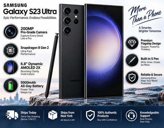 Samsung Galaxy S23 Ultra phones in black with S Pen, front and rear views