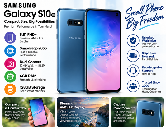Prism blue Samsung Galaxy S10e phone with 5.8-inch display