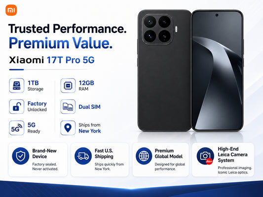 XIAOMI Mi 17T PRO 5G Black smartphone front and back in premium value layout; rear quad-camera visible.