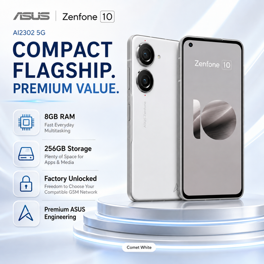 Asus Zenfone 10 AI2302 5G White smartphone with front screen and rear dual cameras, compact design