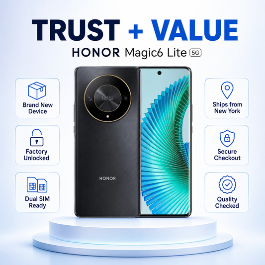 Honor Magic6 Lite smartphone with black back and front display, standing on a pedestal.