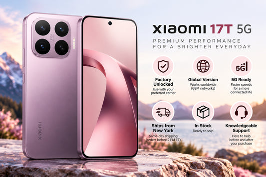 XIAOMI Mi 17T 5G smartphone front and back shown with promotional icons on side.