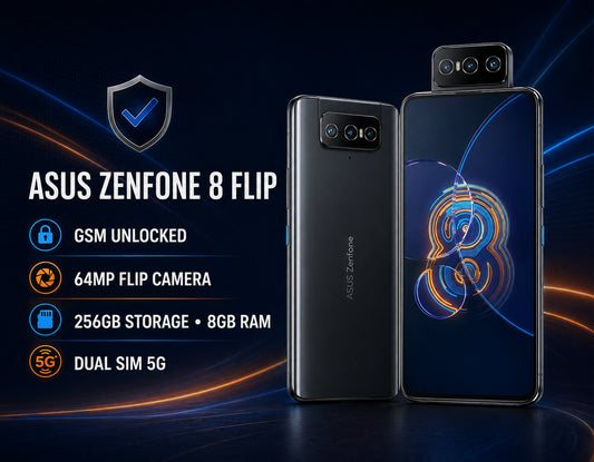 Asus Zenfone 8 Flip Black smartphone with flip camera and dual display, front and back shown side-by-side