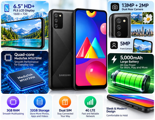 Black Samsung Galaxy M02s smartphone with HD+ display and rear camera array