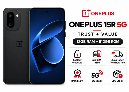 Black OnePlus 15R 5G smartphone with blue display and dual cameras on rear