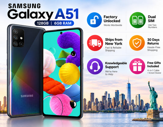 Prism Crush Black Samsung Galaxy A51 unlocked smartphone with front and back together