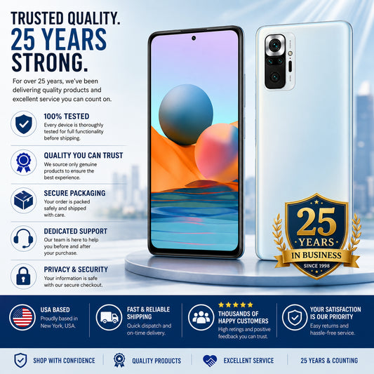 Glacier Blue smartphone front and back with 25-year in business badge