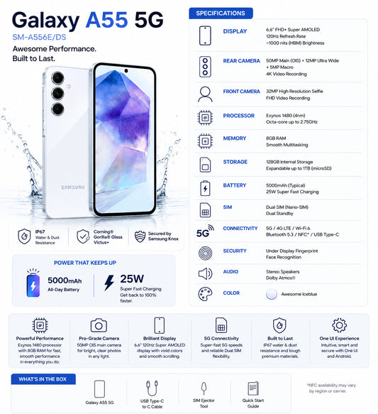 Ice blue Galaxy A55 5G smartphone, angled front view