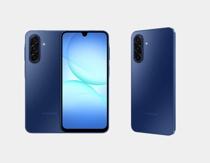 Samsung Galaxy A17 4G A175F Blue Samsung Galaxy smartphone pair showing front display and rear back
