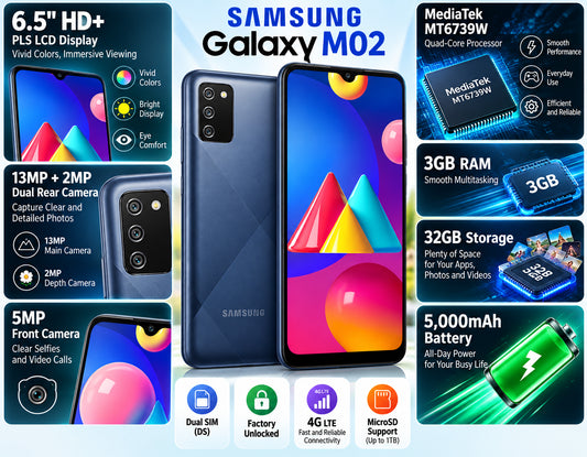 Samsung Galaxy M02s Blue Samsung smartphone collage with front display, rear camera, and features