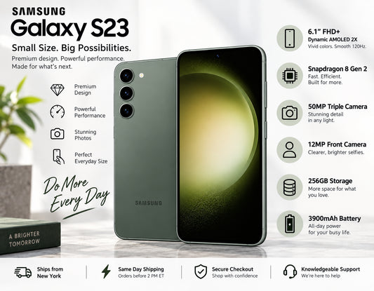 Unlocked Samsung Galaxy S23 5G dual SIM smartphone, green, front display and rear panel
