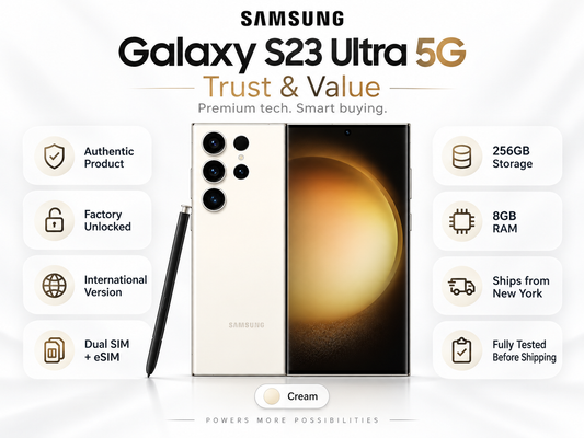 Samsung Galaxy S23 Ultra 5G Cream Samsung smartphone front and back view with S Pen