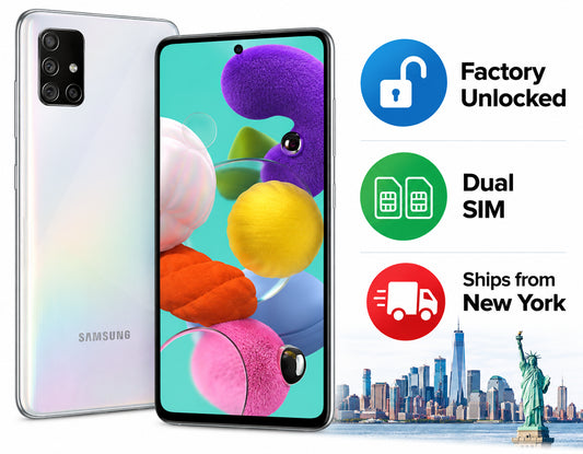 Samsung Galaxy A51 smartphone with white back and colorful front screen, rear camera visible