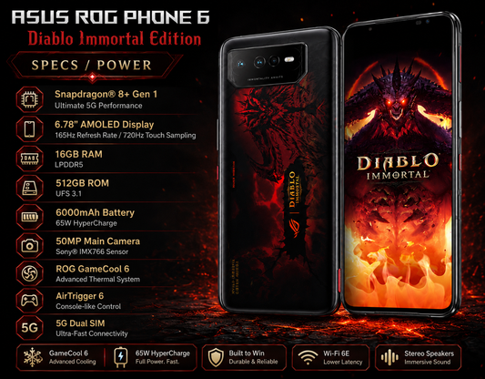 ASUS ROG Phone 6 Diablo-themed smartphone with black/red body and front fiery Diablo screen