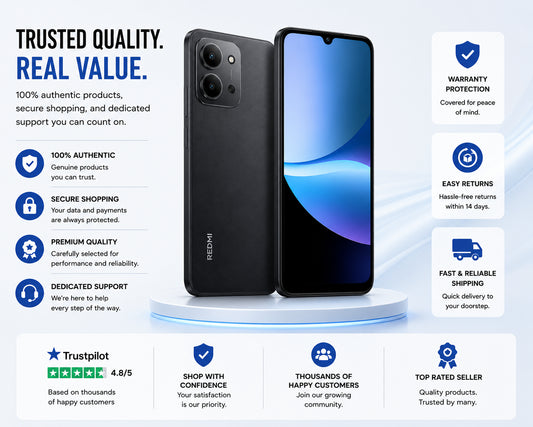 XIAOMI Redmi 15C 4G Smartphone quality infographic with phone images and warranty/returns badges