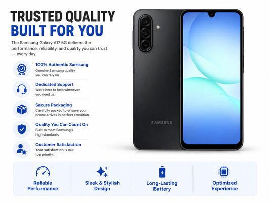Black Samsung Galaxy A17 5G phone front and back render with blue display