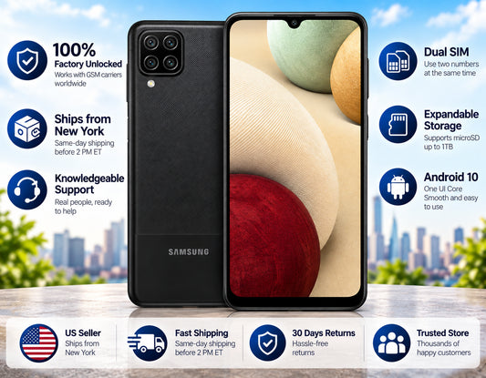 Black Samsung Galaxy A12 phone with front display and back panel; quad camera visible