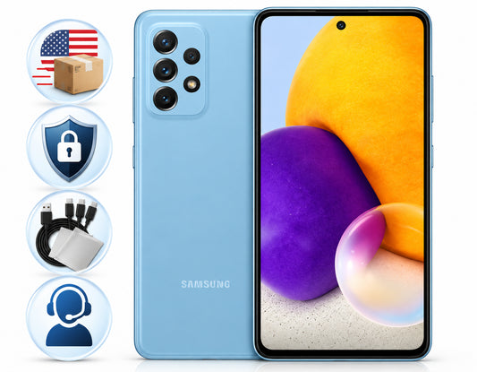 Samsung Galaxy A72 Light blue Samsung smartphone with front display and back camera module shown
