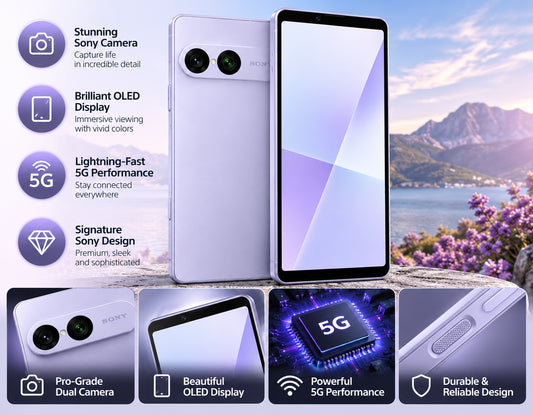 Sony Xperia 10 VIII XQ-GH74 5G Lilac smartphone standing with front and back panels, dual rear cameras visible