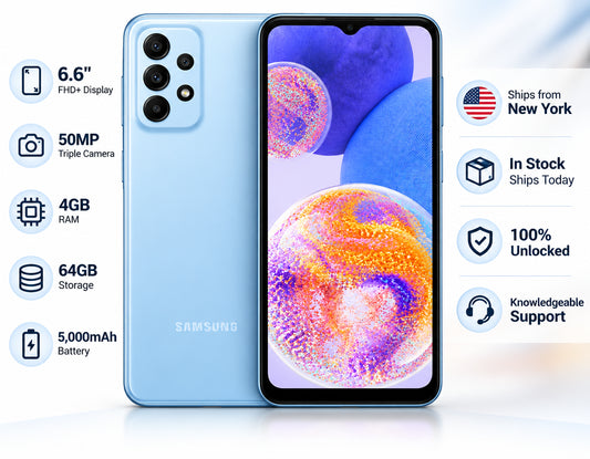 Blue Samsung Galaxy A23 dual SIM smartphone showing front and triple rear cameras