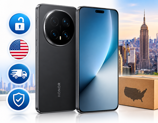 Honor Magic8 Pro 5G Pair of Honor smartphones with black backs and blue front displays
