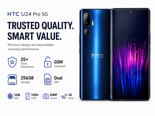 HTC U24 Pro 5G Blue HTC smartphone with front display and back cameras, htc logo