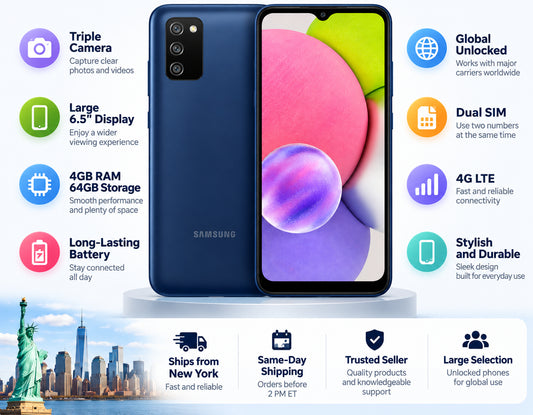 Samsung Galaxy A03S Blue smartphone with large screen and triple rear camera module