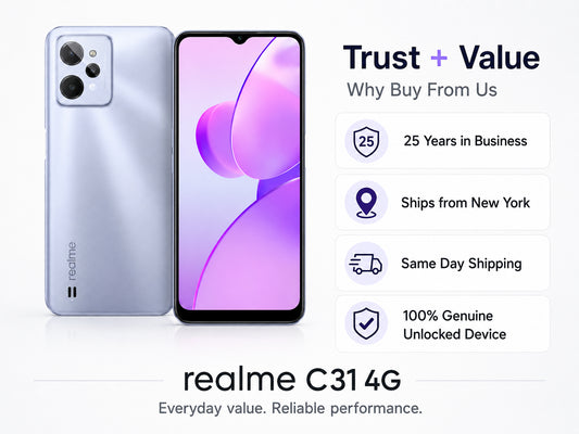 Light silver realme C31 4G smartphone front and back view, dual rear camera.