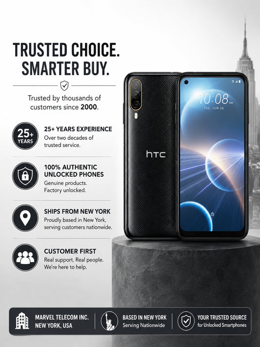 HTC Desire 22 Pro 5G phone, black, front display lit and rear panel visible