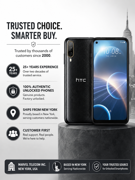 HTC Desire 22 Pro 5G phone, black, front display lit and rear panel visible