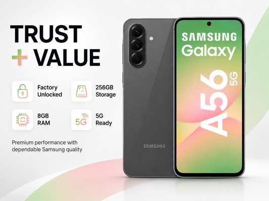 Graphite Samsung Galaxy A56 5G smartphone showing front display with Galaxy A56 5G
