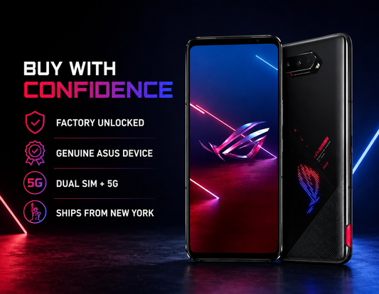 Black ASUS ROG Phone 5s with buy confidence badges and front/back phones.
