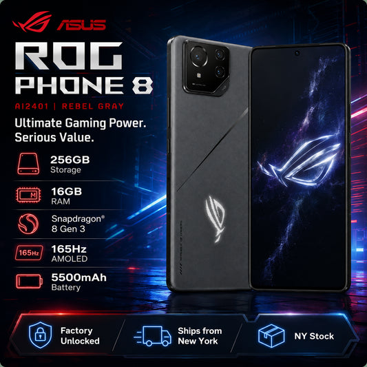 ASUS ROG Phone 8 Rebel Gray gaming phone showing back with triple cameras and lit dark screen.